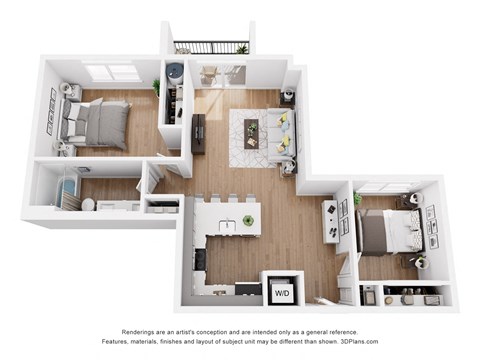 a stylized floor plan with a bedroom and a living room